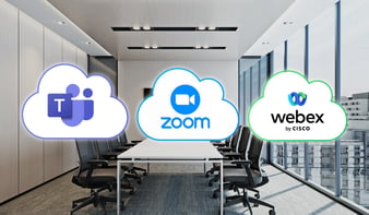 Meeting room with Teams, Zoom and Webex logos overlayed on top.