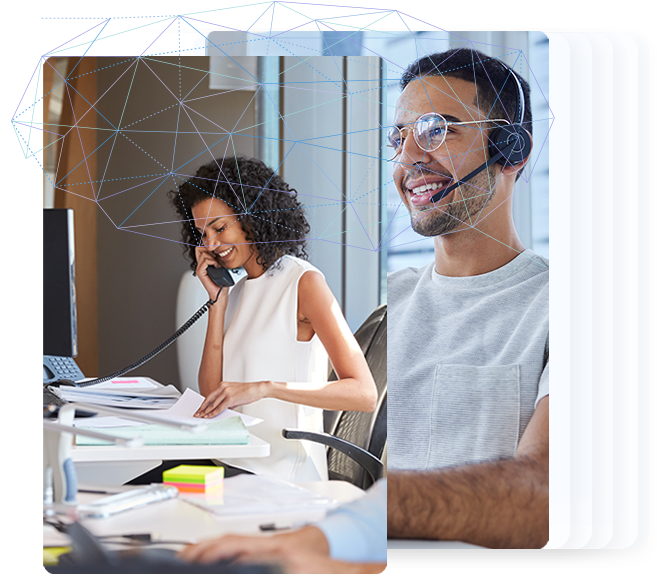 female contat center cx agent talking on a handset. male cx agent talking on headset unlapped