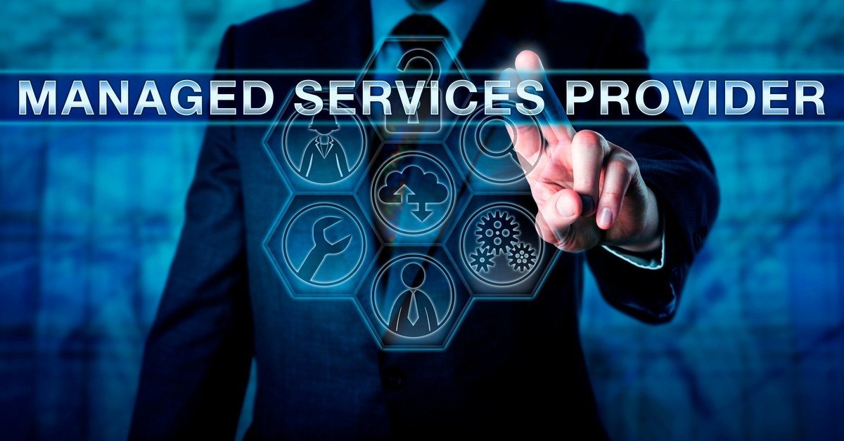 A man in a suit holds out two fingers. In front of him is a graphic of different icons and the words "Managed Services Provider."