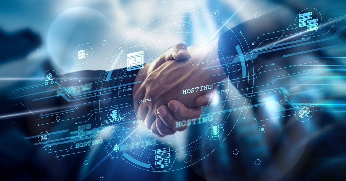 Two people shaking hands. In front of them is a graphic of digital infrastructure with the word "Hosting" repeated throughout.